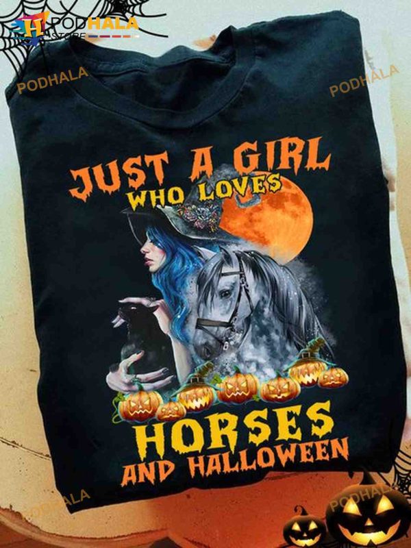 Just A Girl Who Loves Horses And Halloween Red Moon Haunted Pumpkins Witch Shirt