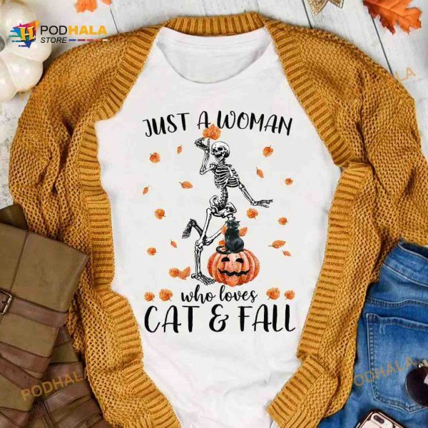 Just A Woman Who Loves Cat And Fall Pumpkin Black Cat And Skull Halloween Shirt