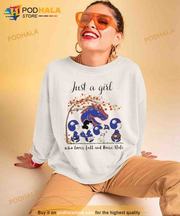 Just A Woman Who Loves Fall And Boise State Broncos Peanuts Cartoon Shirt