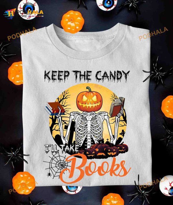 Keep The Candy I’tall Books Skull Devil Pumpkin Halloween Shirt, Gift For Bookaholic