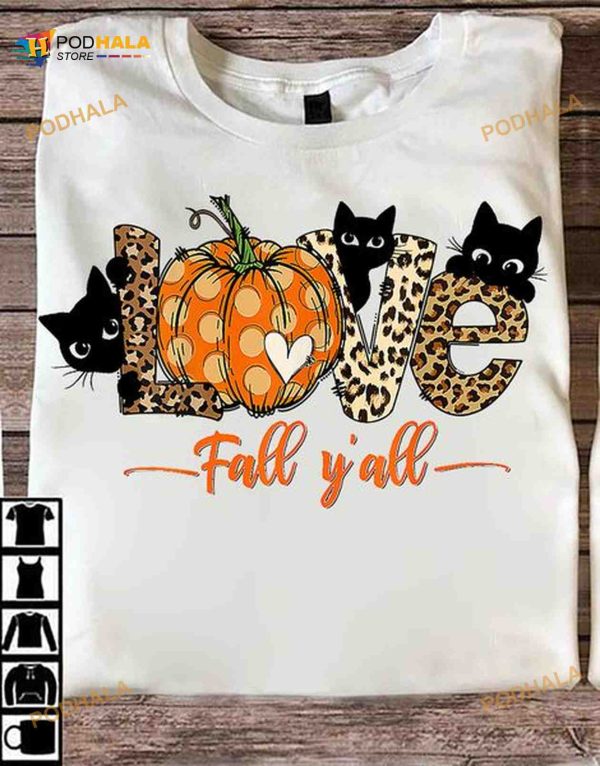 Love Fall Y’all Leopard Halloween Pumpkin Black Cat Shirt