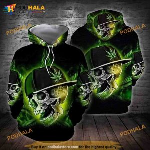 Marijuana Leaf Green Weed Cool Skull All Over Print 3D Hoodie, Sweatshirt