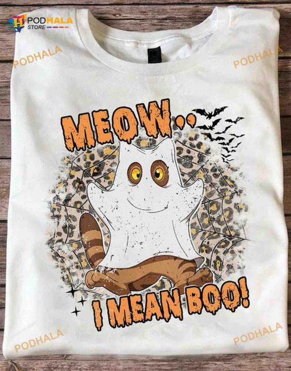 Meow I Mean Boo Cat Spider Web Bats Halloween Shirt