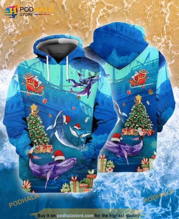 Merry Christmas Santa Claus With Whales Ocean Gift 3D Hoodie, Sweatshirt