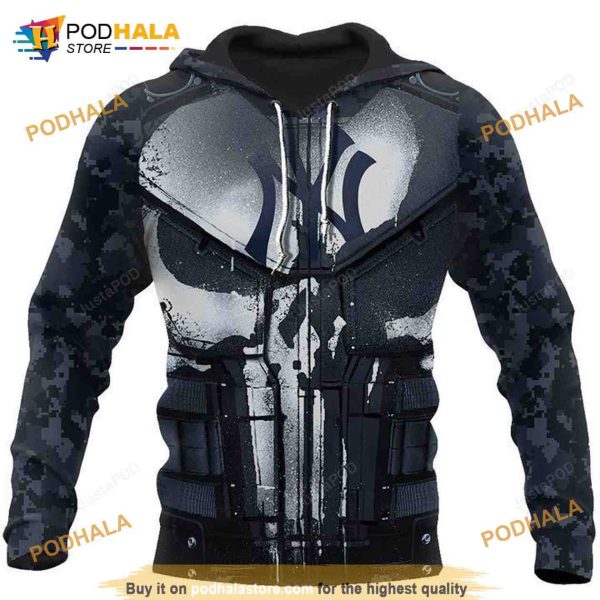 New York Yankees The Punisher Skull Armour Blue Camouflage 3D Cotton Hoodie