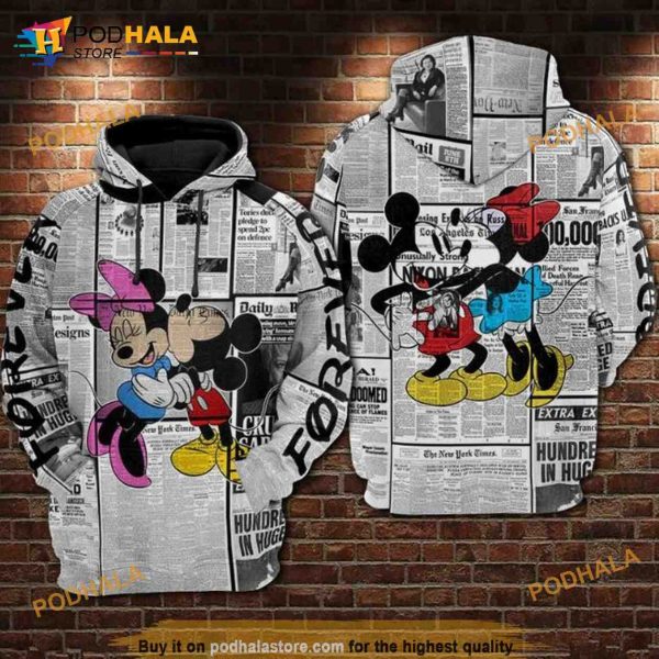 Newspaper Mickey And Minnie Over Print 3D Hoodie, 3D Sweatshirt