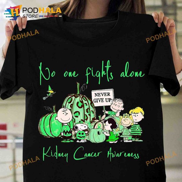 No One Fights Alone Kidney Cancer Awareness Halloween Pumpkin Ribbon Shirt