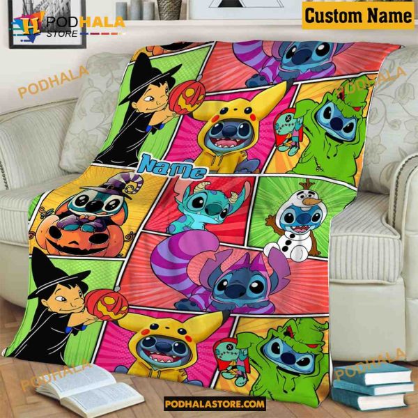 Persoalized Name Stitch Cosplay Halloween Blanket, Lilo And Stitch Blanket, Halloween Witch Stitch