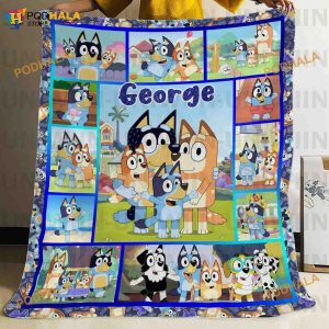 Personalized Custom Name Bluey Family Quilt Blanket, Cartoon Fleece Blankets