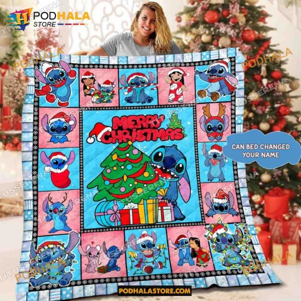 Personalized Disney Stitch Christmas Quilt, Lilo and Stitch Fleece Blanket