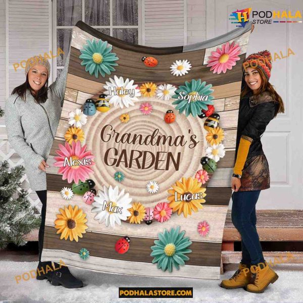 Personalized Grandma’s Garden with Name Children Fleece Blanket, Christmas Gifts