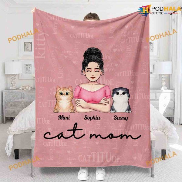 Personalized Name Cat Mom Cat Lovers Christmas Fleece Blanket Gift