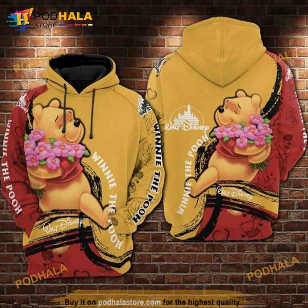 Pooh Hug Flower Winnie The Pooh Yellow And Red All Over Print 3D Hoodie
