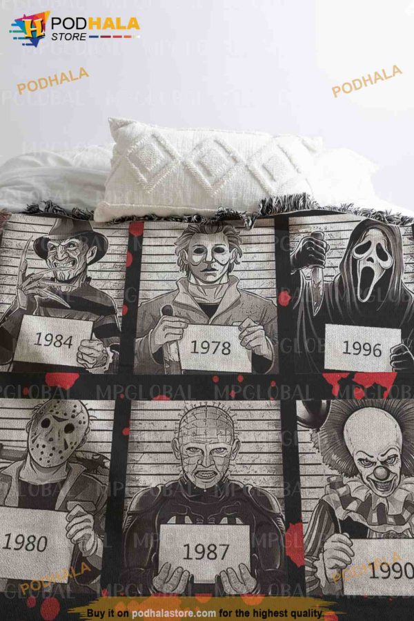 Scary Movie Halloween Fleece Blanket, Serial Killers Quilt, Horror Movie Watching Blanket