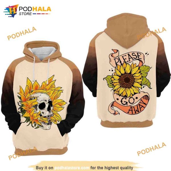 Skull And Sunflower Please Go Away All Over Print 3D Hoodie, Sweatshirt