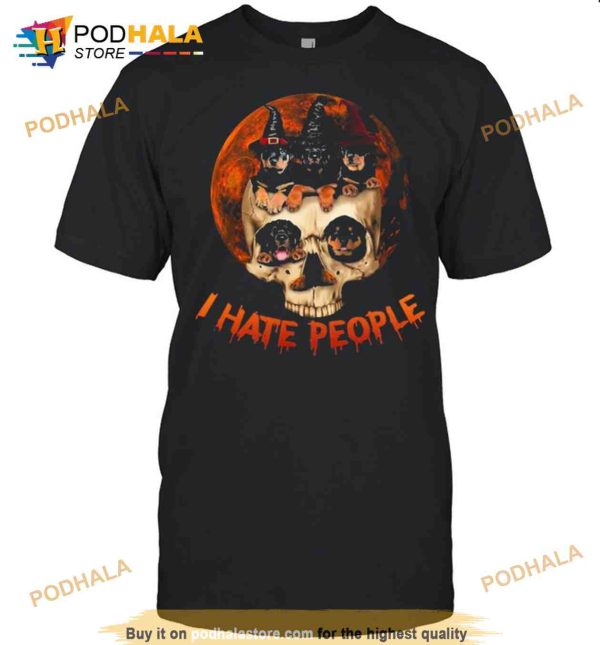 Skull Rottweiler Witch I Hate People Halloween Shirt