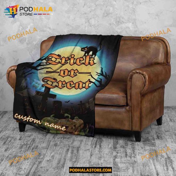 Trick Or Treat Black Cat Witch Pumpkin Halloween Blanket, Custom Name Halloween Quilt