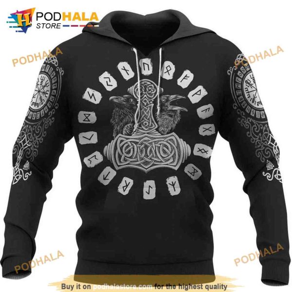 Viking Hammer Odin Raven Over Print 3D Hoodie Sweatshirt