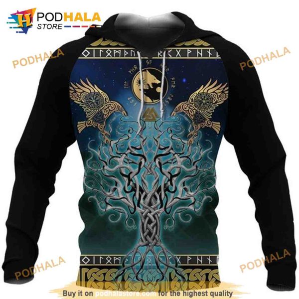 Viking Tree Of Life Fenrir Skoll And Hati Raven Rune Pullover 3D Hoodie Sweatshirt