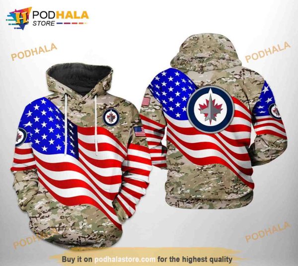 Winnipeg Jets NHL US FLag Camo Veteran All Over Print 3D Hoodie