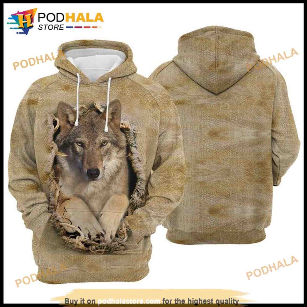 Realistic Wolf 3d Hoodie With Torn Fabric Design Realistic Wolf 3d Hoodie With Torn Fabric Design