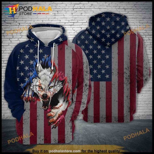 Wolf Us Flag 3D Hoodie Sweatshirt