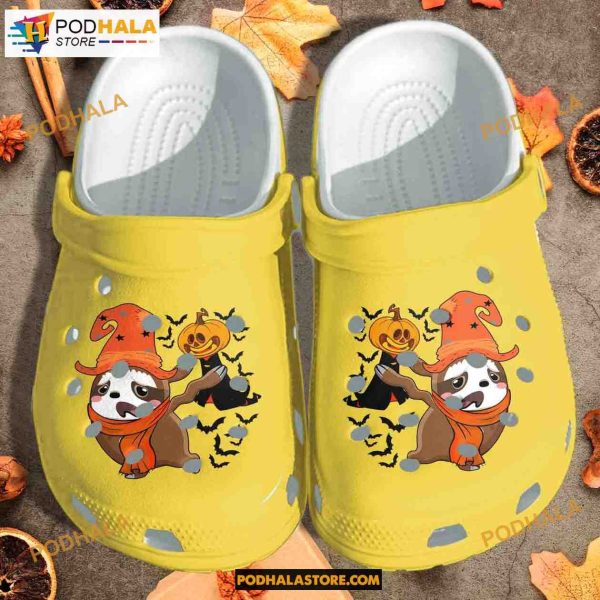 A Sloth Witch Is Afraid Of Pumpkin Ghost Shoes, Funny Adults Kids Halloween Crocs