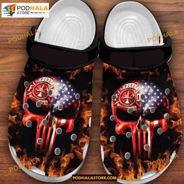 American Firefighter Skull Fire Adults Kids Halloween Crocs