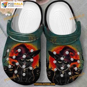 Angry Black Cat Witch At Night Crocs Shoes, Adults Kids Halloween Crocs