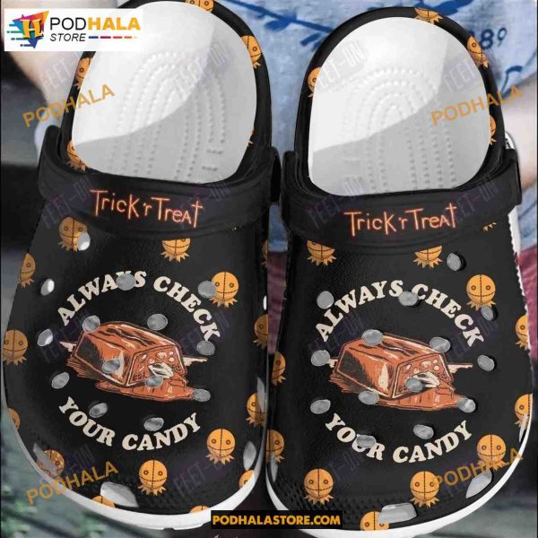 Black Always Check Your Candy Tricks Treat Horror Movie Adults Kids Halloween Crocs