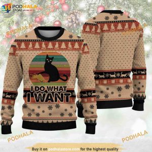 Black Cat I Do What I Want Christmas Funny Ugly Sweater, Xmas Gifts