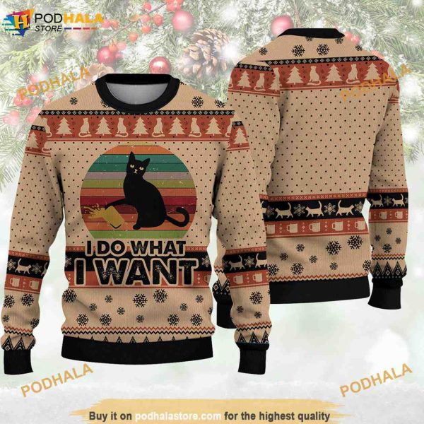 Black Cat I Do What I Want Christmas Funny Ugly Sweater, Xmas Gifts