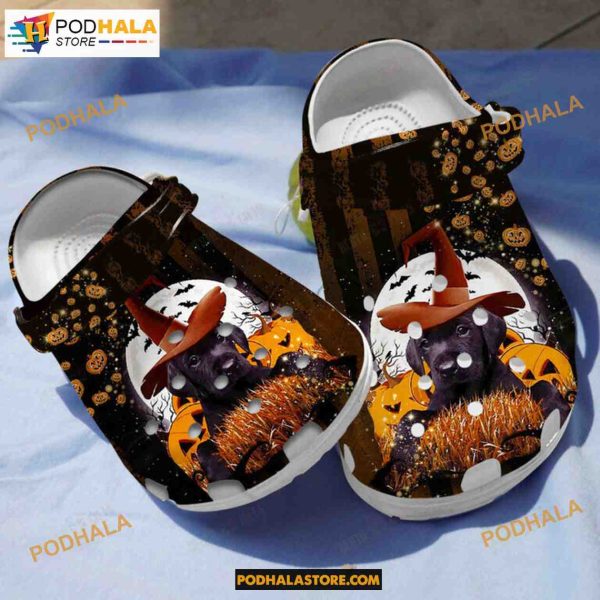 Black Labrador Pumpkin Crocs Classic Clogs Shoes, Adults Kids Halloween Crocs