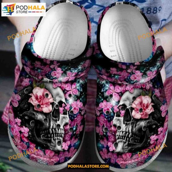 Blooming Skull Pink Flower Adults Kids Halloween Crocs