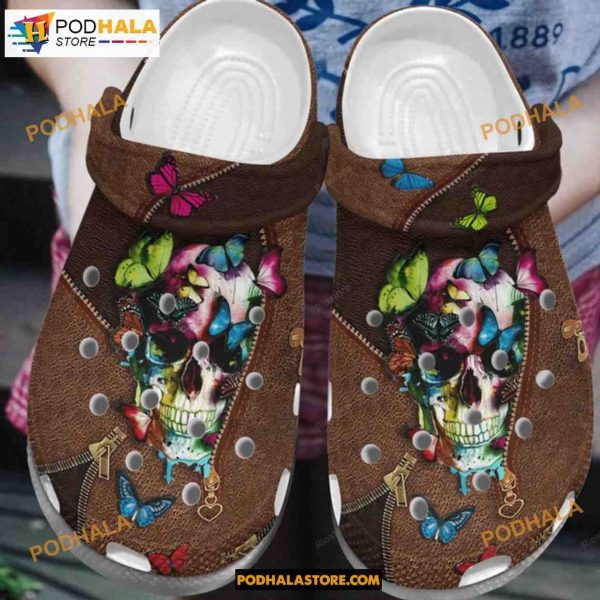 Butterfly Skull Flower Skull Zipper Pattern Halloween Style Adults Kids Halloween Crocs