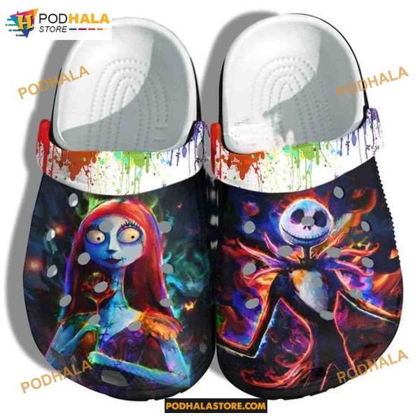Colorful Tie Dye Jack Skellington and Sally Halloween Crocs Shoes Clogs