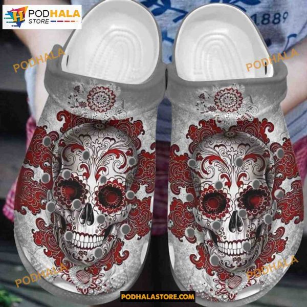 Cool Skull Red Floral Happy Halloween For Skull Lovers, Adults Kids Halloween Crocs