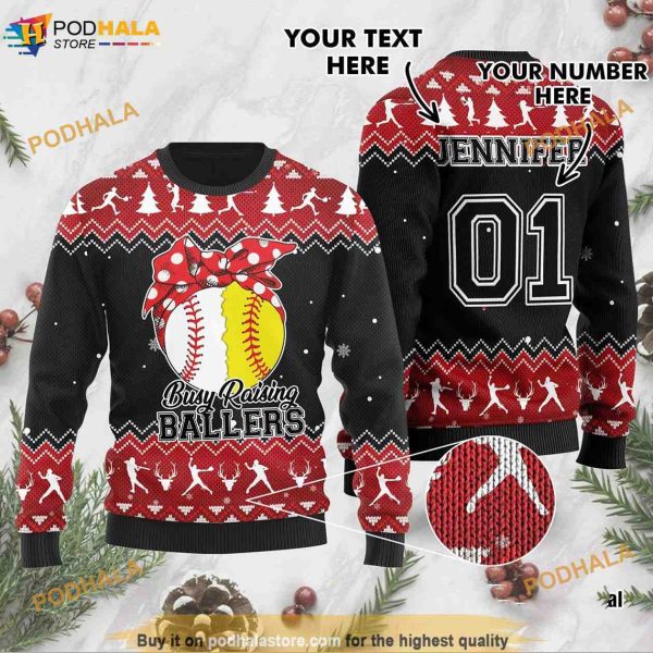 Custom Name And Number Busy Raising Ballers Baseball Funny Ugly Sweater