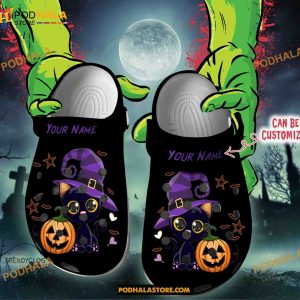 Custom Name Black Cat Halloween Funny Clog Shoes, Halloween Crocs