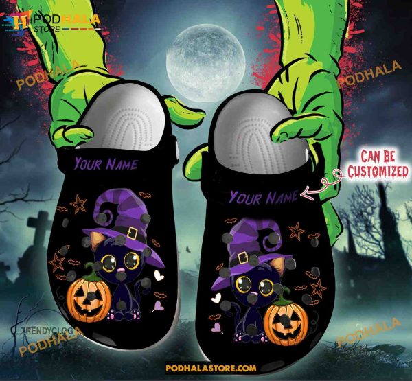 Custom Name Black Cat Halloween Funny Clog Shoes, Halloween Crocs