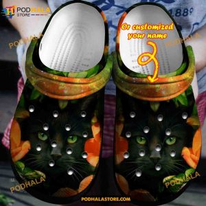 Custom Name Black Cat In Flowers Funny Clog Shoes, Halloween Crocs