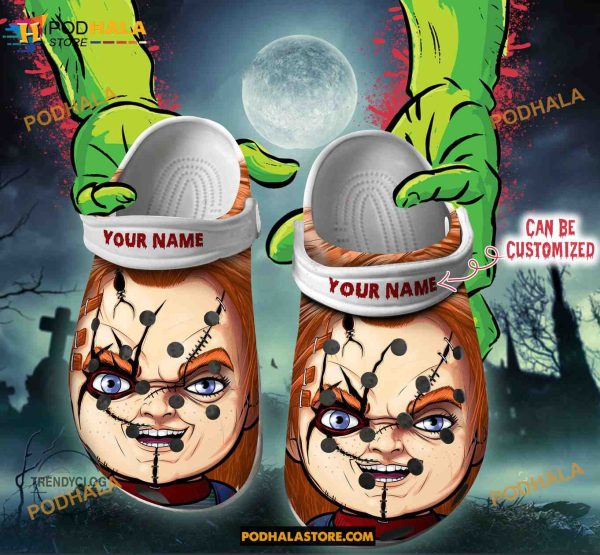Custom Name Chucky Face Halloween Funny Clog Shoes, Halloween Crocs