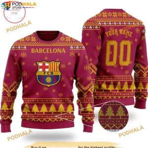 Custom Name Football Barcelona FC Ugly Christmas Funny Ugly Sweater