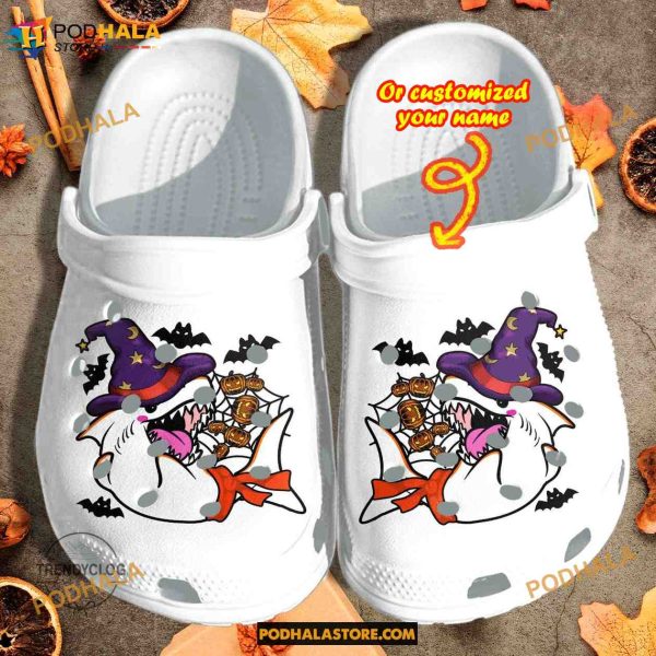 Custom Name Halloween Angry Shark Cosplay Ghost Funny Clog Shoes, Halloween Crocs