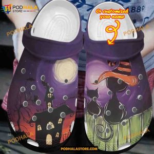Custom Name Halloween Black Cat Night Funny Clog Shoes, Halloween Crocs