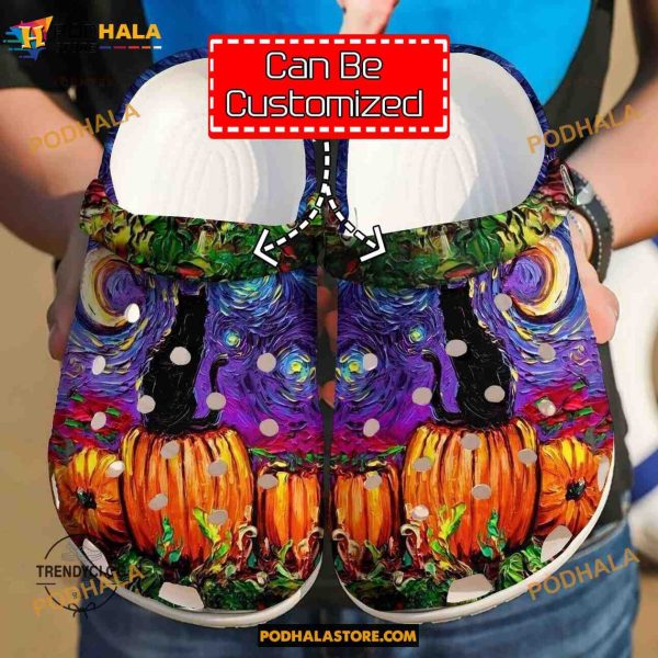 Custom Name Halloween Black Cat Van Gogh Funny Clog Shoes, Halloween Crocs