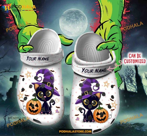 Custom Name Halloween Black Cat and Pumpkin Funny Clog Shoes, Halloween Crocs
