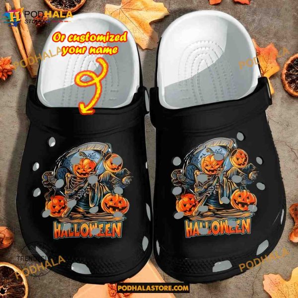 Custom Name Halloween Black Ghost Pumpkins Funny Clog Shoes, Halloween Crocs