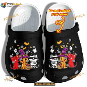 Custom Name Halloween Cats Mummy Witch Costume Funny Clog Shoes, Halloween Crocs