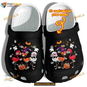 Custom Name Halloween Flamingo Witch Ghost Mummy Funny Clog Shoes, Halloween Crocs